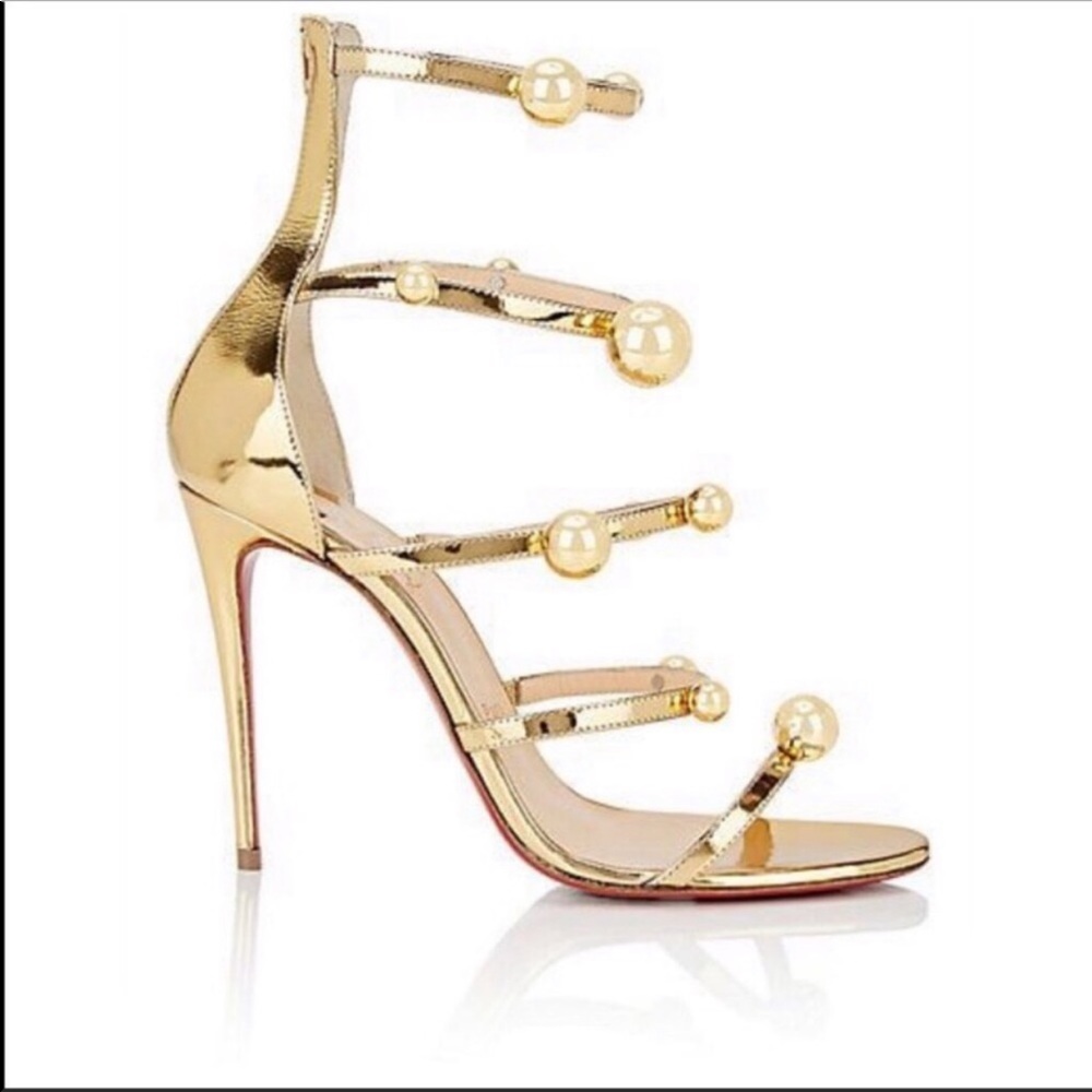 Christian Louboutin Gold Patent Pearl-Embellished Strappy Sandals